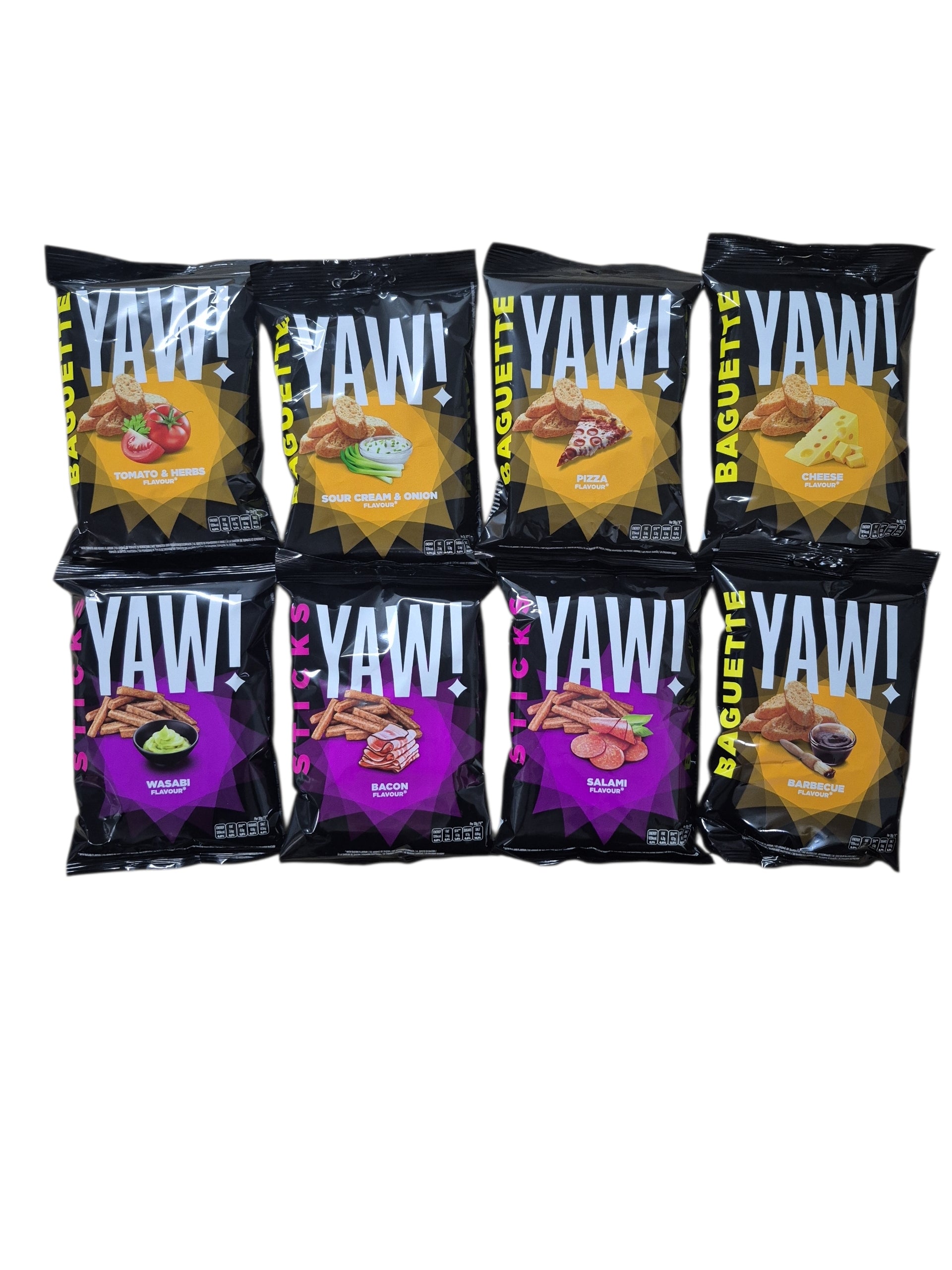 YAW! Cheese, Barbecue, Sour Cream, Pizza, Tomato, Bacon, Wasabi, Salami 8x50g