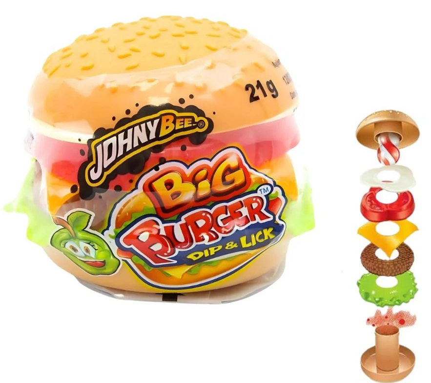 Johny Bee Big Burger Dip & Lick, Lutscher mit Überraschungsgeschmack-Pulver 2x21g