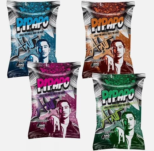 AMO’s PiPAPO Sonnenblumenkerne 4er-Set | 4 Geschmacksrichtungen: Taco Salzig, Natur, Popcorn | Je 100g | Knuspriger Snack mit Stil
