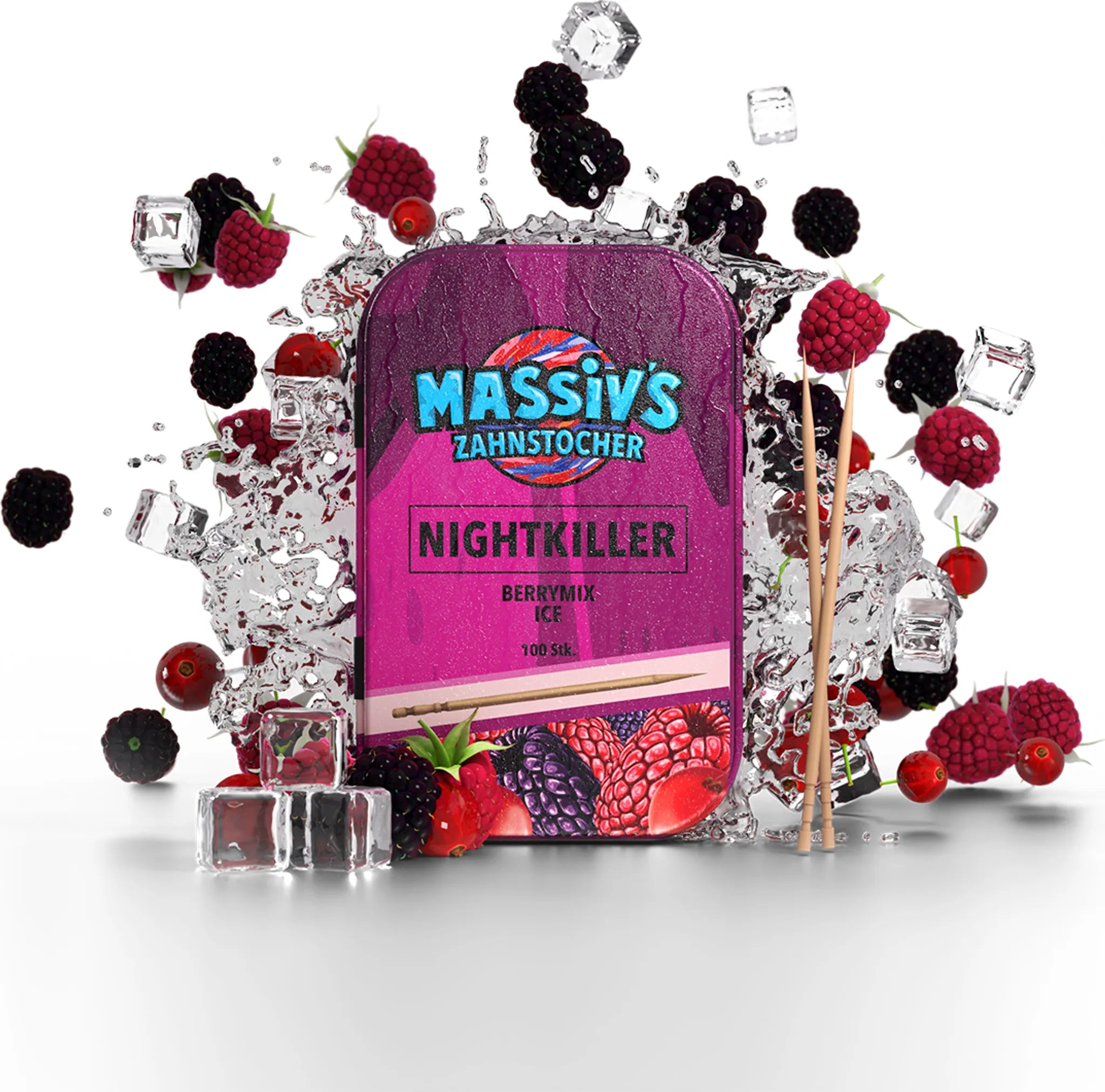 Massiv's Zahnstocher - Zahnstocher mit Geschmack – NIGHTKILLER Berrymix Ice – 100 aromatisierte Zahnstocher – frischer Atem – stylische Metalldose – vegan, zuckerfrei, kalorienfrei