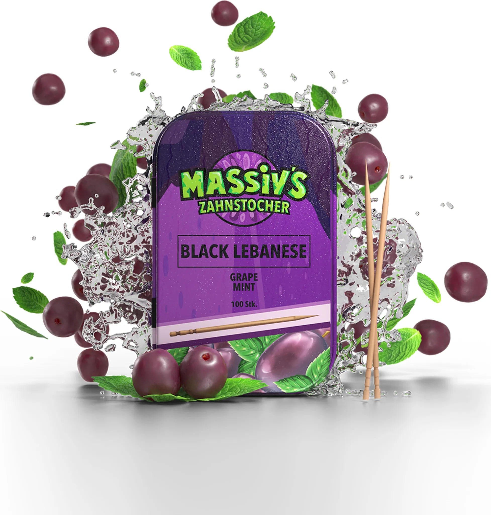 Massiv's Zahnstocher - Zahnstocher mit Geschmack – BLACK LEBANESE Grape Mint – 100 aromatisierte Zahnstocher – frischer Atem – stylische Metalldose – vegan, zuckerfrei, kalorienfrei