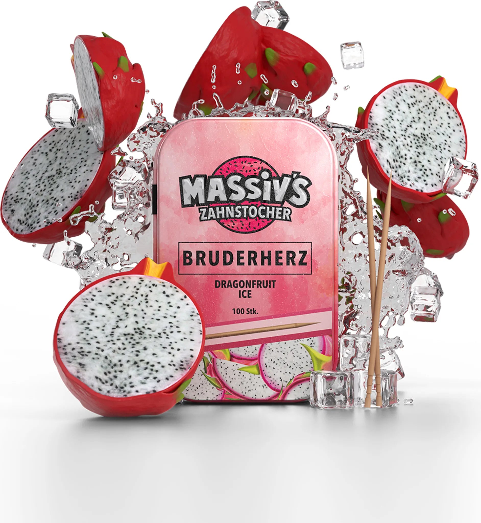 Massiv's Zahnstocher - Zahnstocher mit Geschmack – BRUDERHERZ Dragonfruit Ice – 100 aromatisierte Zahnstocher – frischer Atem – stylische Metalldose – vegan, zuckerfrei, kalorienfrei