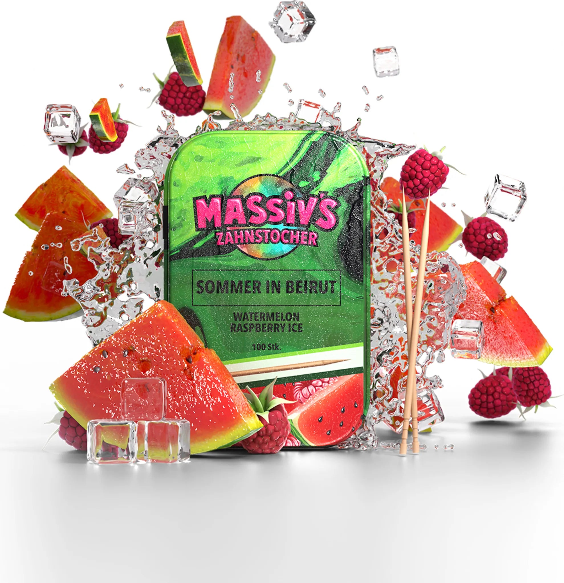 Massiv's Zahnstocher - Zahnstocher mit Geschmack – SOMMER IN BEIRUT Watermelon Raspberry Ice – 100 aromatisierte Zahnstocher – frischer Atem – stylische Metalldose – vegan, zuckerfrei