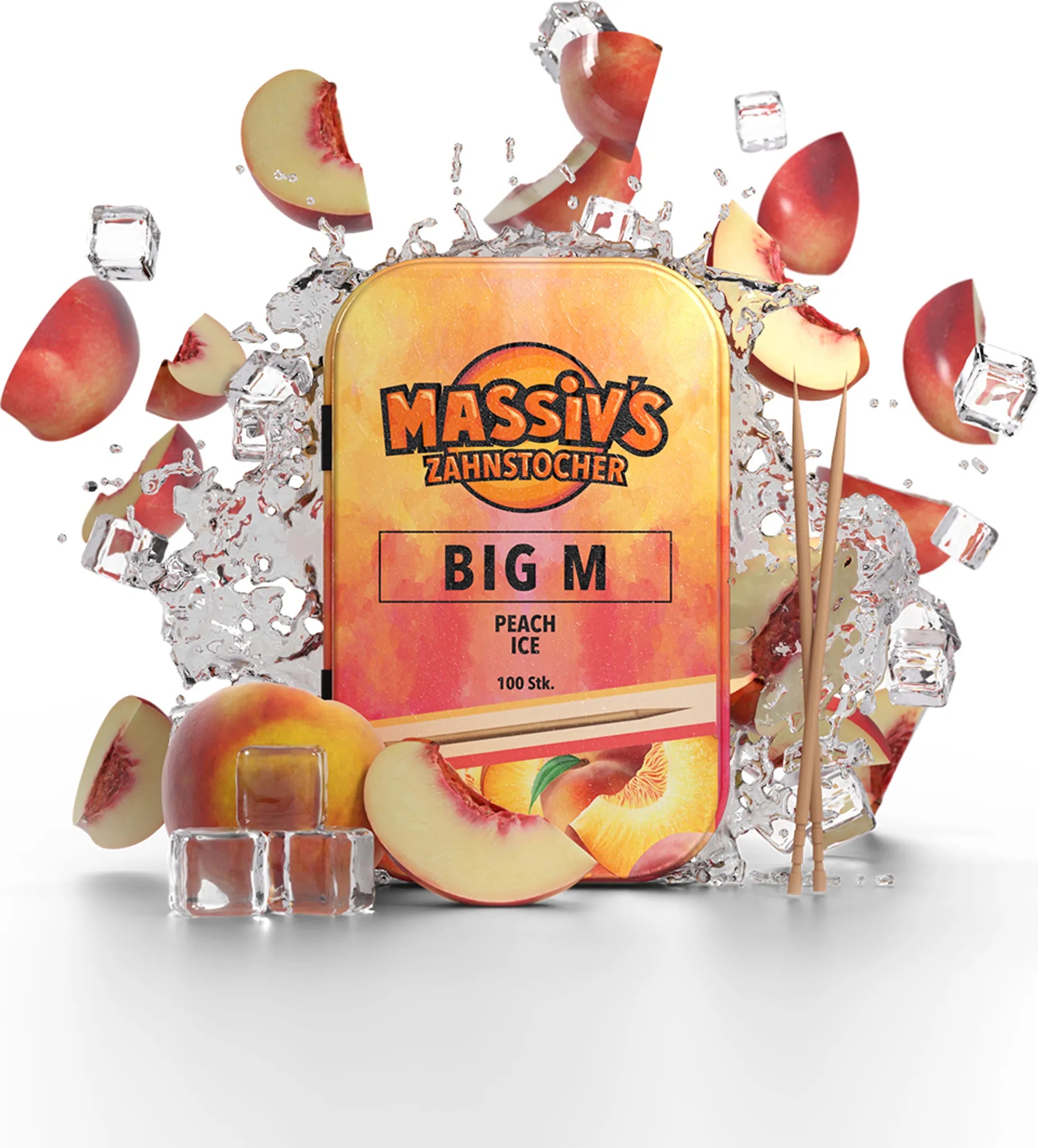 Massiv's Zahnstocher - Zahnstocher mit Geschmack – BIG M Pfirsich Ice – 100 aromatisierte Zahnstocher – frischer Atem – stylische Metalldose – vegan, zuckerfrei, kalorienfrei